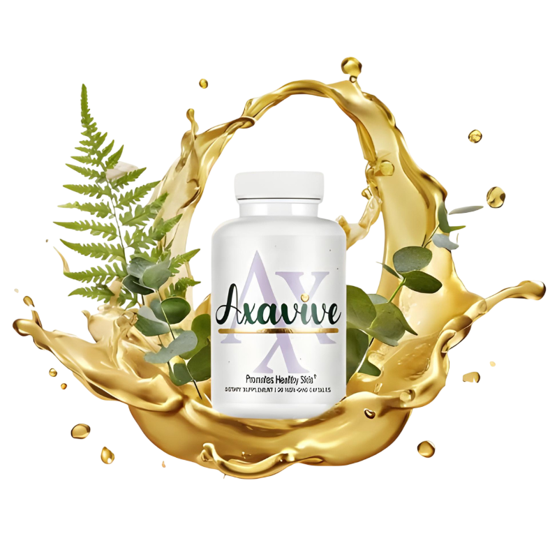 Axavive bottle close-up showing 6 exotic nutrients formula for skin renewal